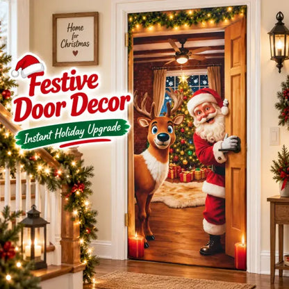 Stretch-Fit Santa & Reindeer Christmas Door Cover