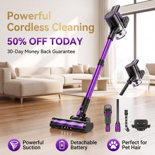 2-in-1 Cordless Vacuum Cleaner – Powerful 70KPa Suction, Laser Dust Detection & Pet Hair Removal