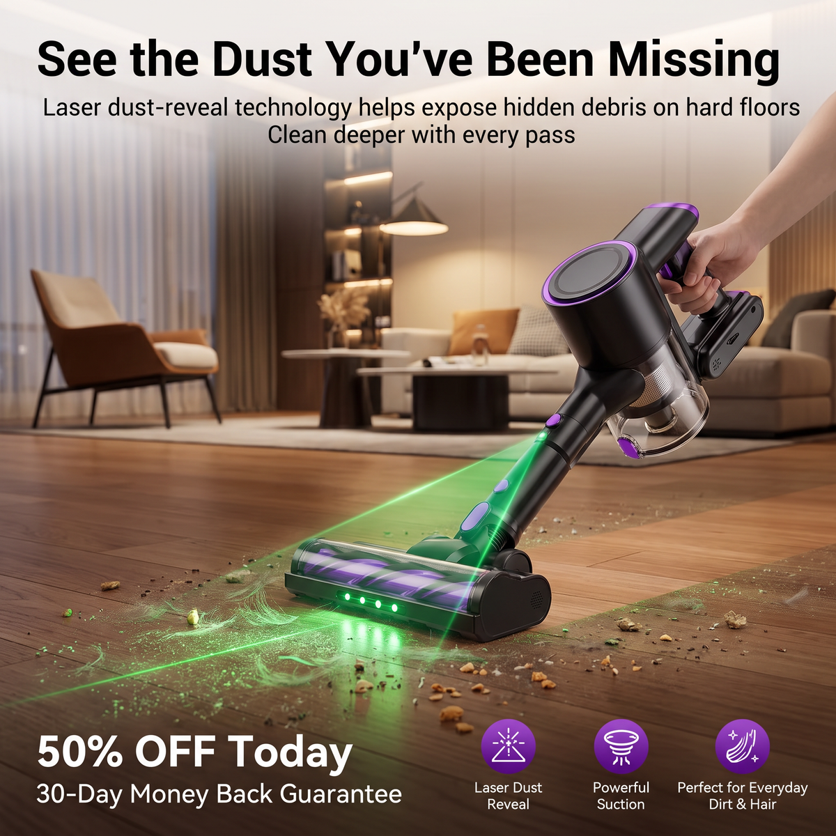 2-in-1 Cordless Vacuum Cleaner – Powerful 70KPa Suction, Laser Dust Detection & Pet Hair Removal