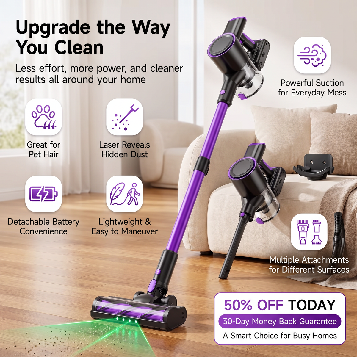 2-in-1 Cordless Vacuum Cleaner – Powerful 70KPa Suction, Laser Dust Detection & Pet Hair Removal