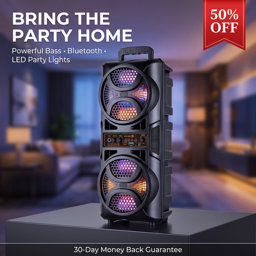 Powerful Bluetooth Party Speaker – Deep Bass, LED Lights & Karaoke Entertainment