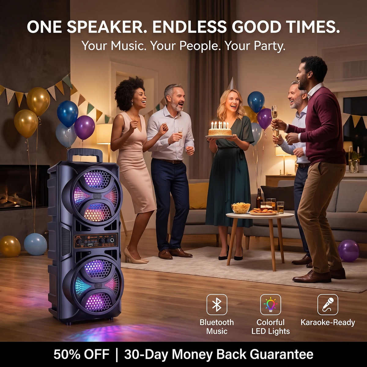 Powerful Bluetooth Party Speaker – Deep Bass, LED Lights & Karaoke Entertainment