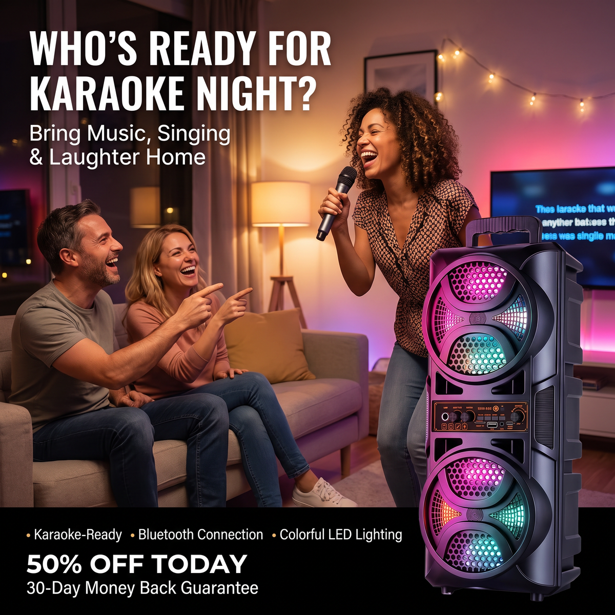 Powerful Bluetooth Party Speaker – Deep Bass, LED Lights & Karaoke Entertainment