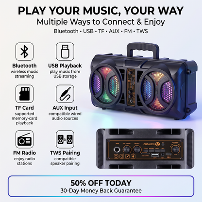 Powerful Bluetooth Party Speaker – Deep Bass, LED Lights & Karaoke Entertainment